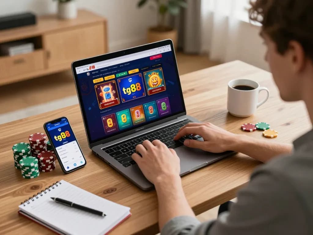 Tg88 player enjoying an engaging online casino game on a laptop with chips and notes.