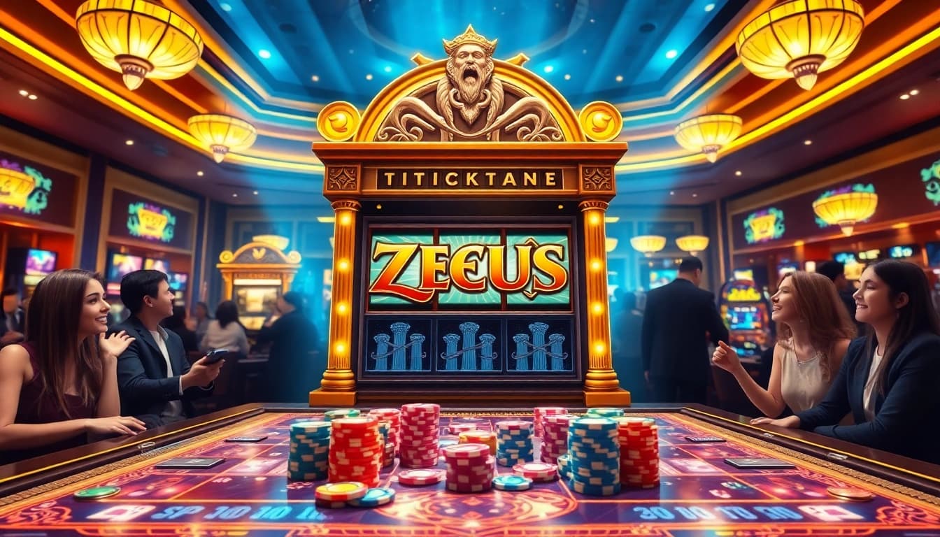 Menang besar pada mesin slot Zeus dalam latar kasino mewah, dikelilingi chip berwarna-warni dan lampu-lampu.