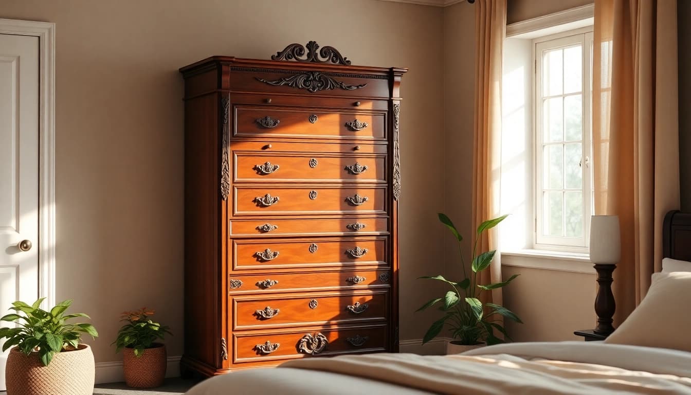 Organize your space with a stylish chest of drawers in a beautifully decorated bedroom.