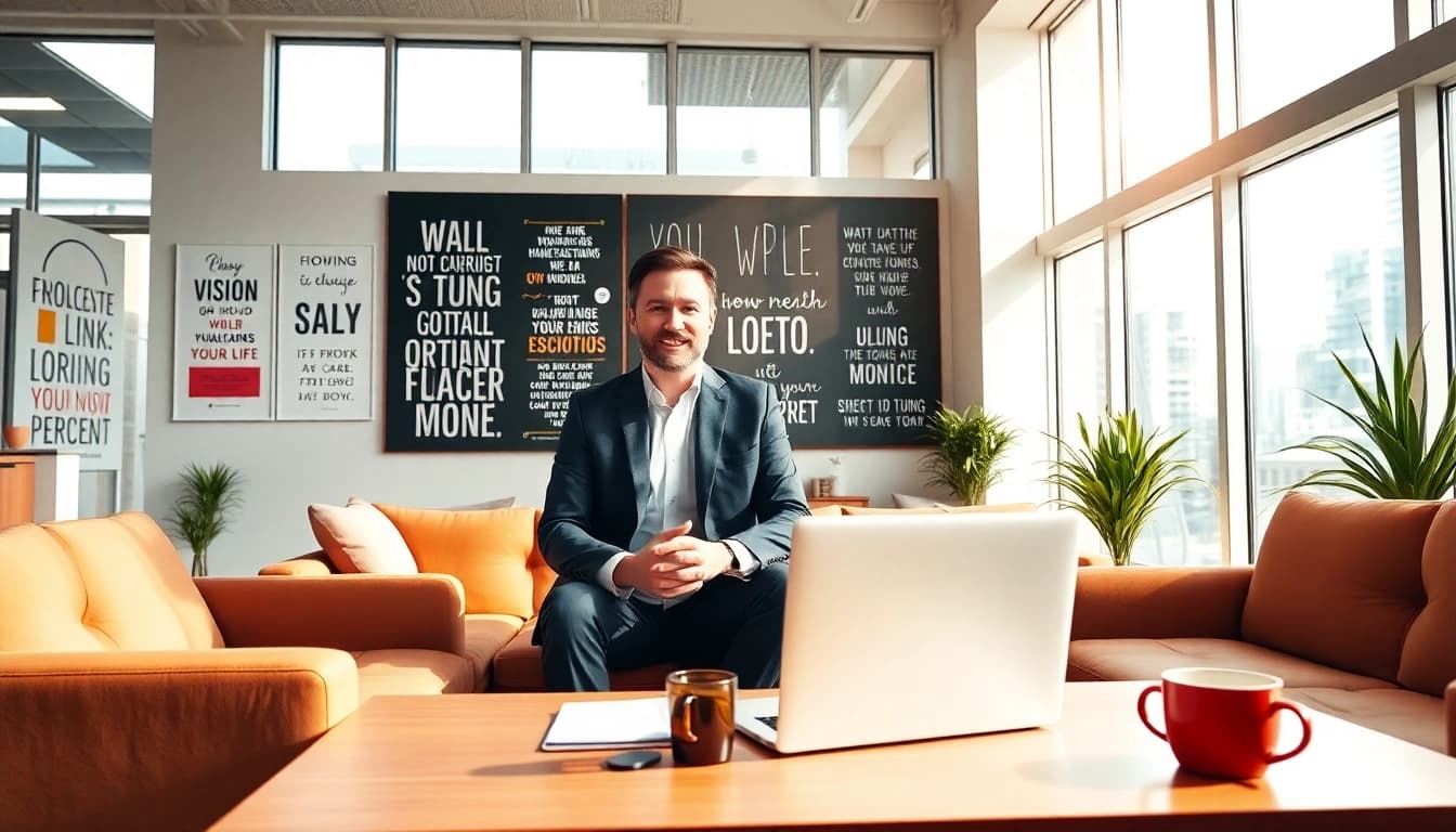 business coach los angeles inspiring clients in a modern office space with motivational elements.
