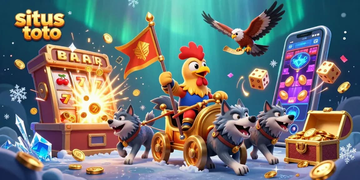 Engage with the situs toto adventure portrayed in a dynamic 3D illustration featuring a rooster warlord, slot machines, and thrilling gameplay elements.