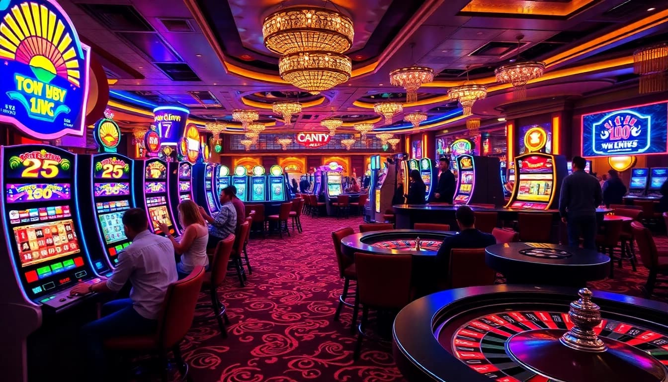 Experience the thrill of login new77 with vibrant casino gaming visuals featuring slot machines and poker tables.