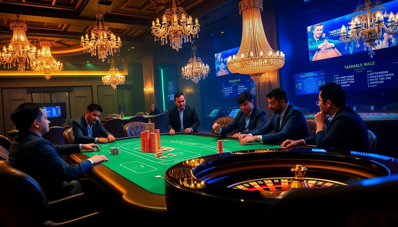 Players experience high-energy poker action at Thabet College casino, showcasing chips and a roulette wheel.