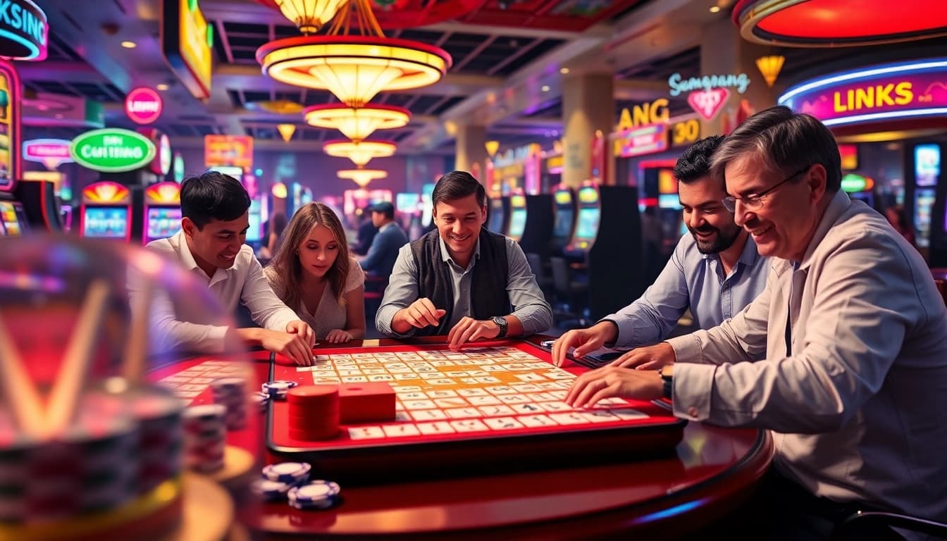 Players connect tiles at a lively mahjong table in an exciting casino scene, emphasizing link mahjong.