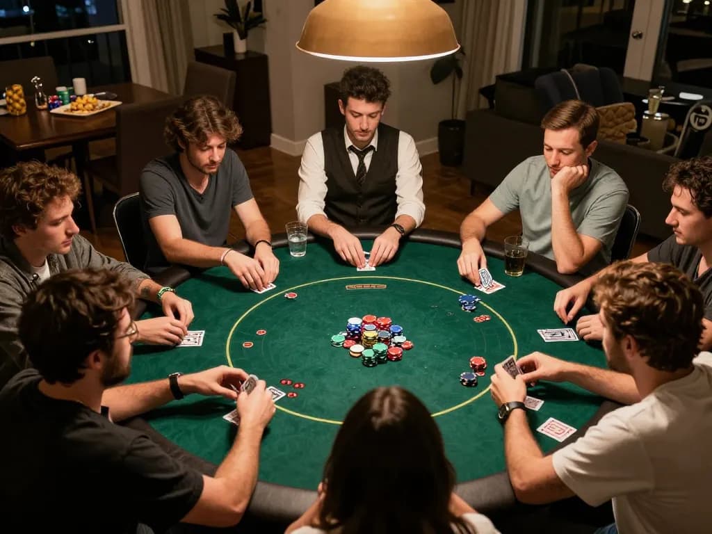 Friends enjoying a home poker game with excitement and strategy at the heart of the action, showcasing Keonhacai.