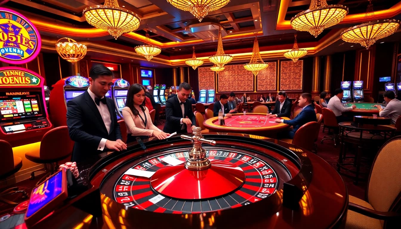 Tỷ lệ kèo nhà cái showcased at a luxurious casino with players engaging in thrilling games.