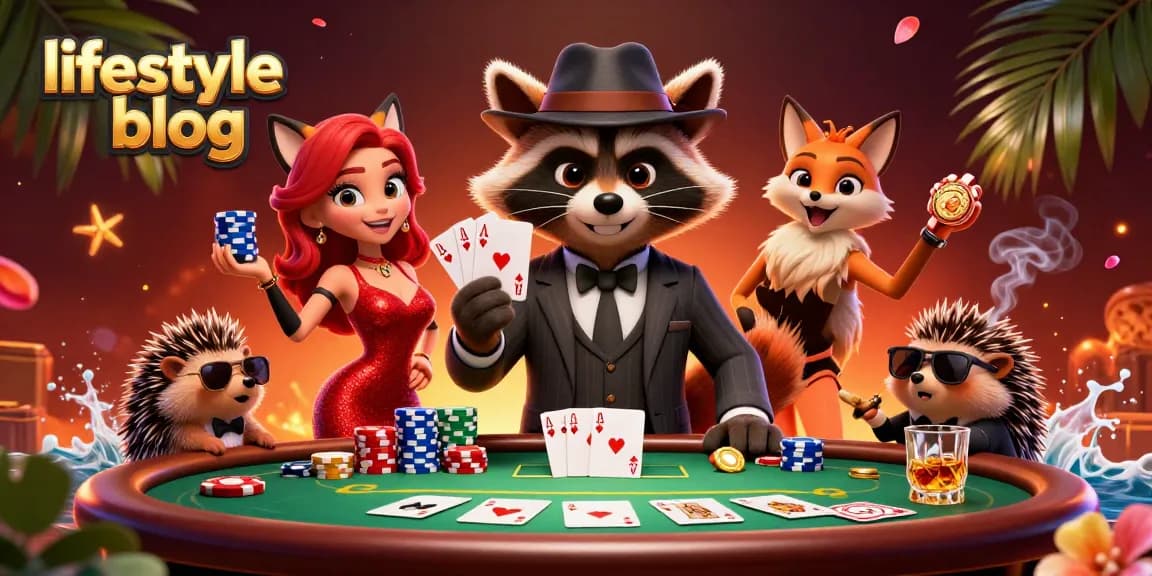 Experience a vibrant lifestyle blog scene with a suave raccoon and poker elements in action.