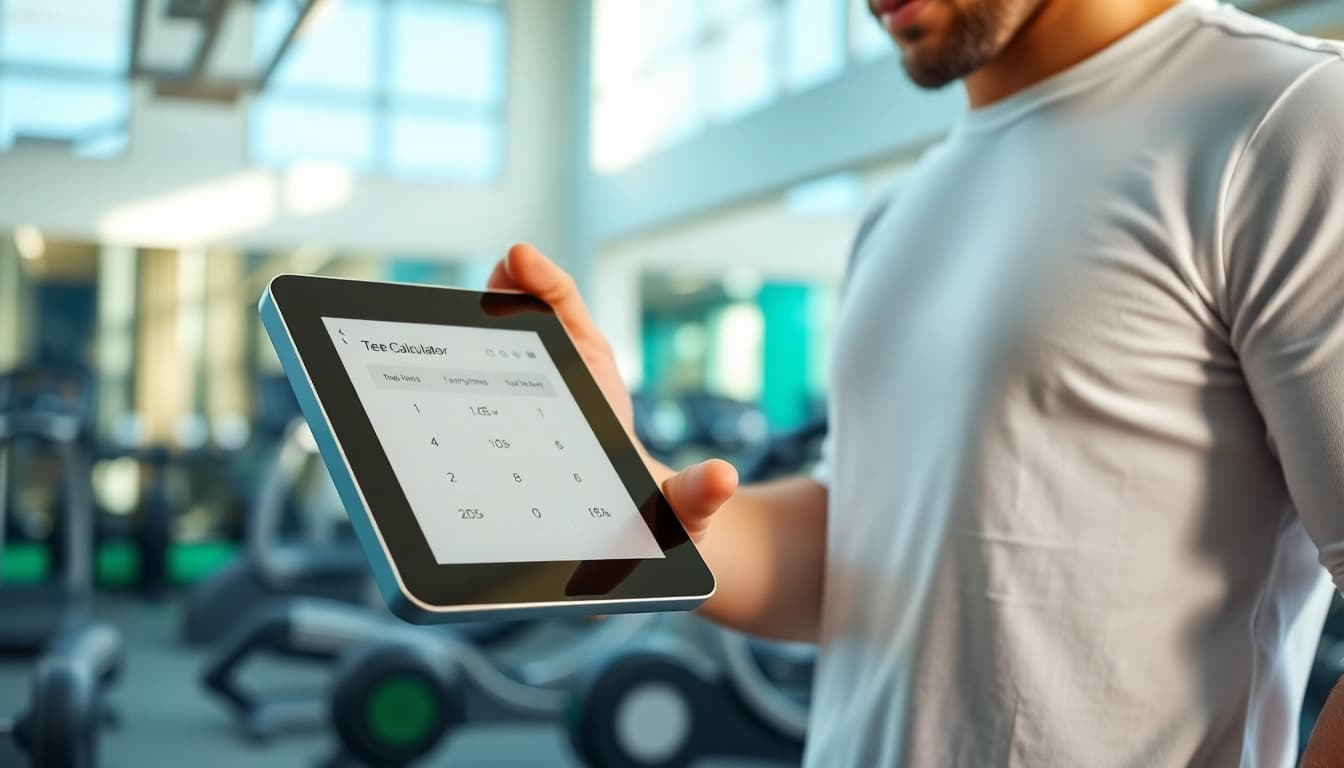 Calculate daily calories with a tdee calculator during a fitness session in a vibrant gym.