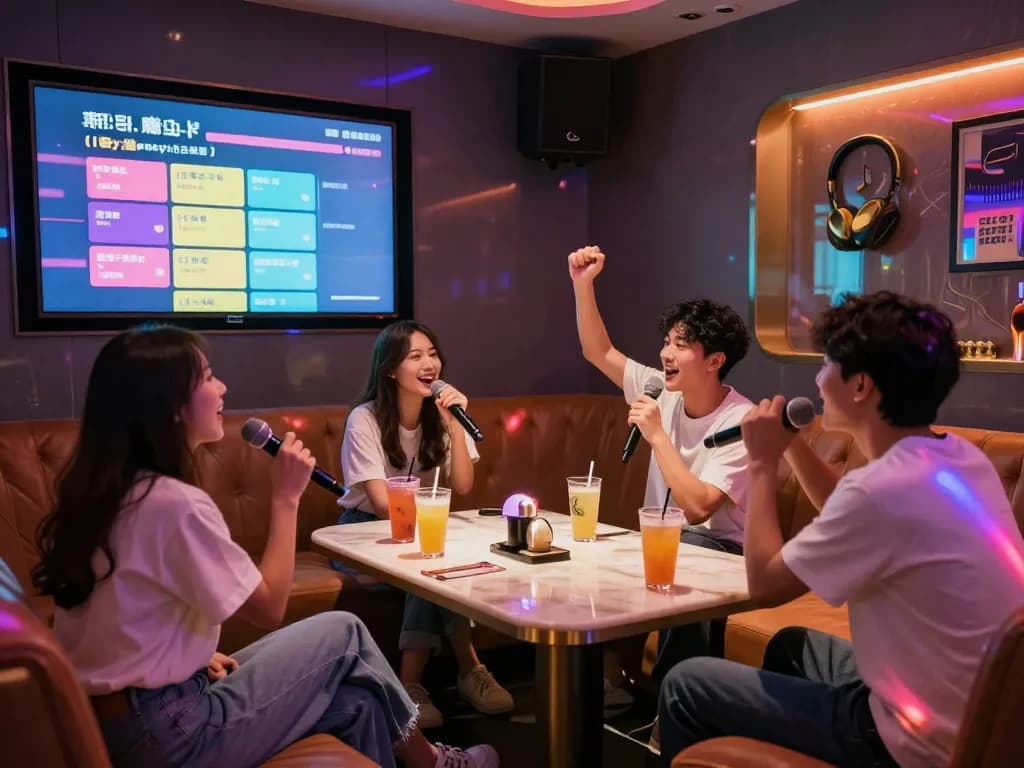 친구들과 함께 음료와 음악을 즐기는 카라오케 라운지 장면 - https://www.3no.org/seo