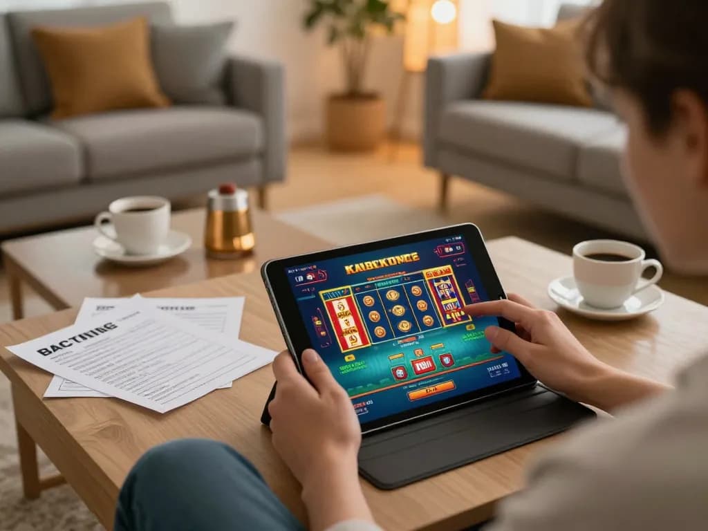 Engaged player using tr88 app on tablet in cozy living room for online casino gaming