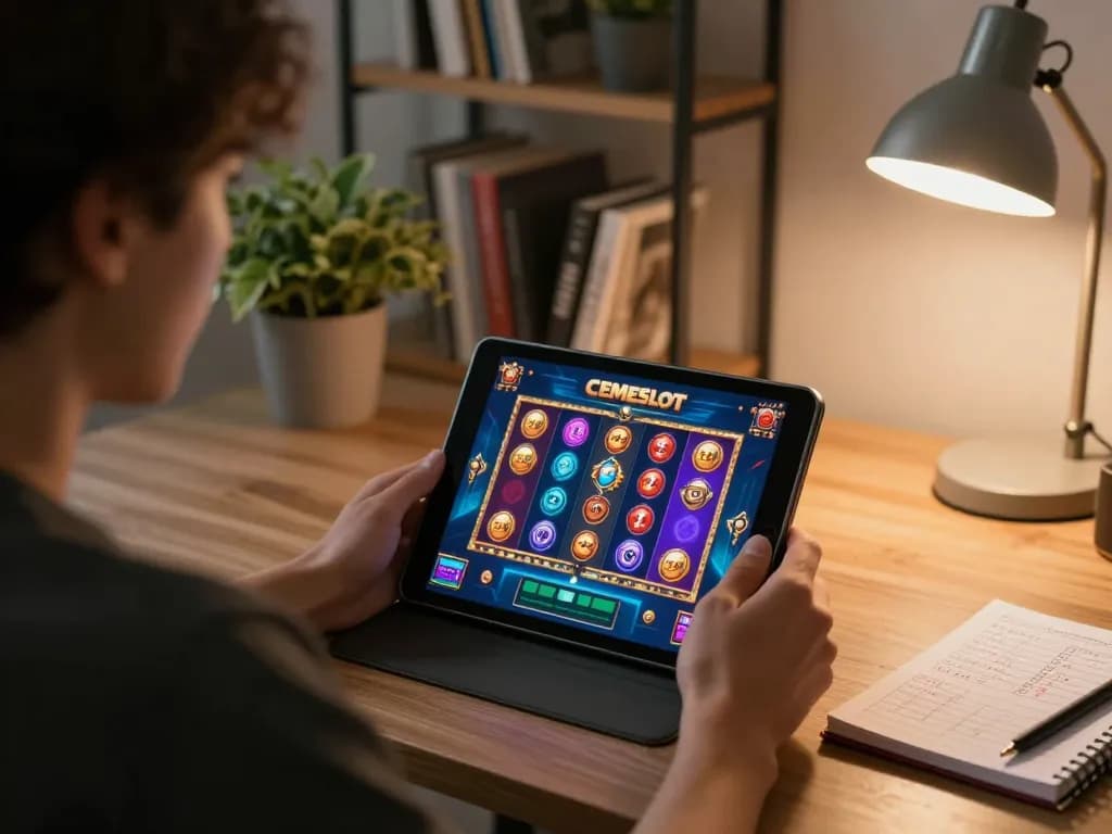CEMESLOT online gaming scene showcasing an engaging player using a tablet in a cozy home office setting.