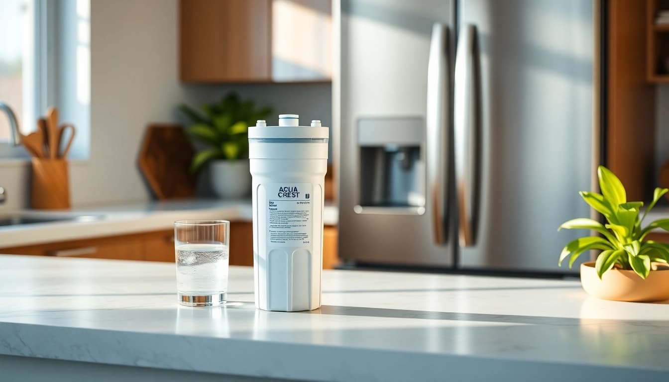 AQUA CREST LT1000PC ADQ747935 Refrigerator Water Filter and Air Filter displayed in a modern kitchen setting, highlighting its functionality and design.
