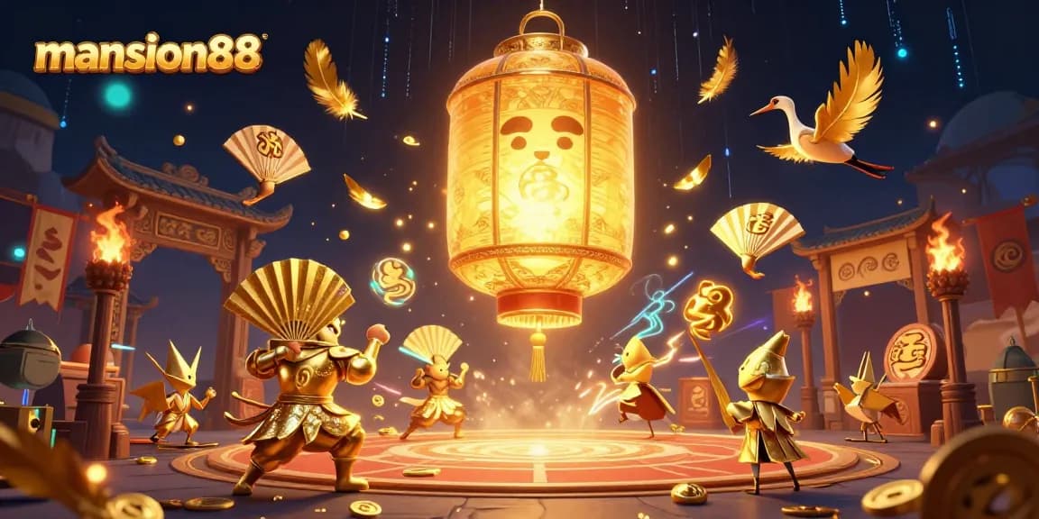 Engage with mansion88's thrilling atmosphere, featuring a luminous lantern spirit amidst an exciting online casino scene.