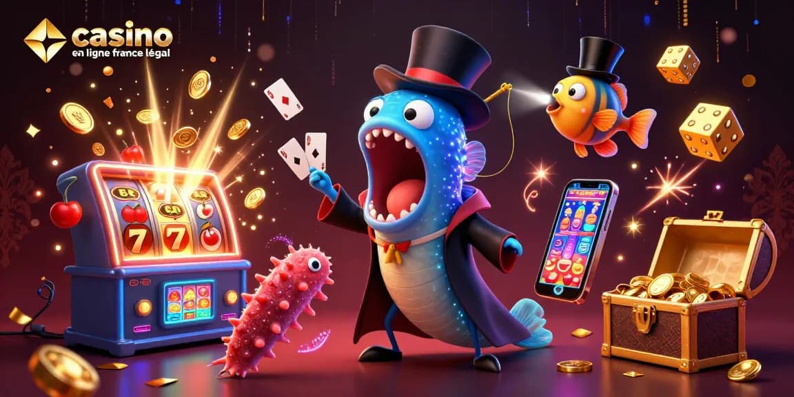 Illustration dynamique de casino en ligne France légal, avec un poisson-lanterne et une anguille jouant à des cartes au fond marin.