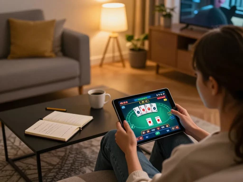 Player using kp88 online casino app on tablet in cozy living room