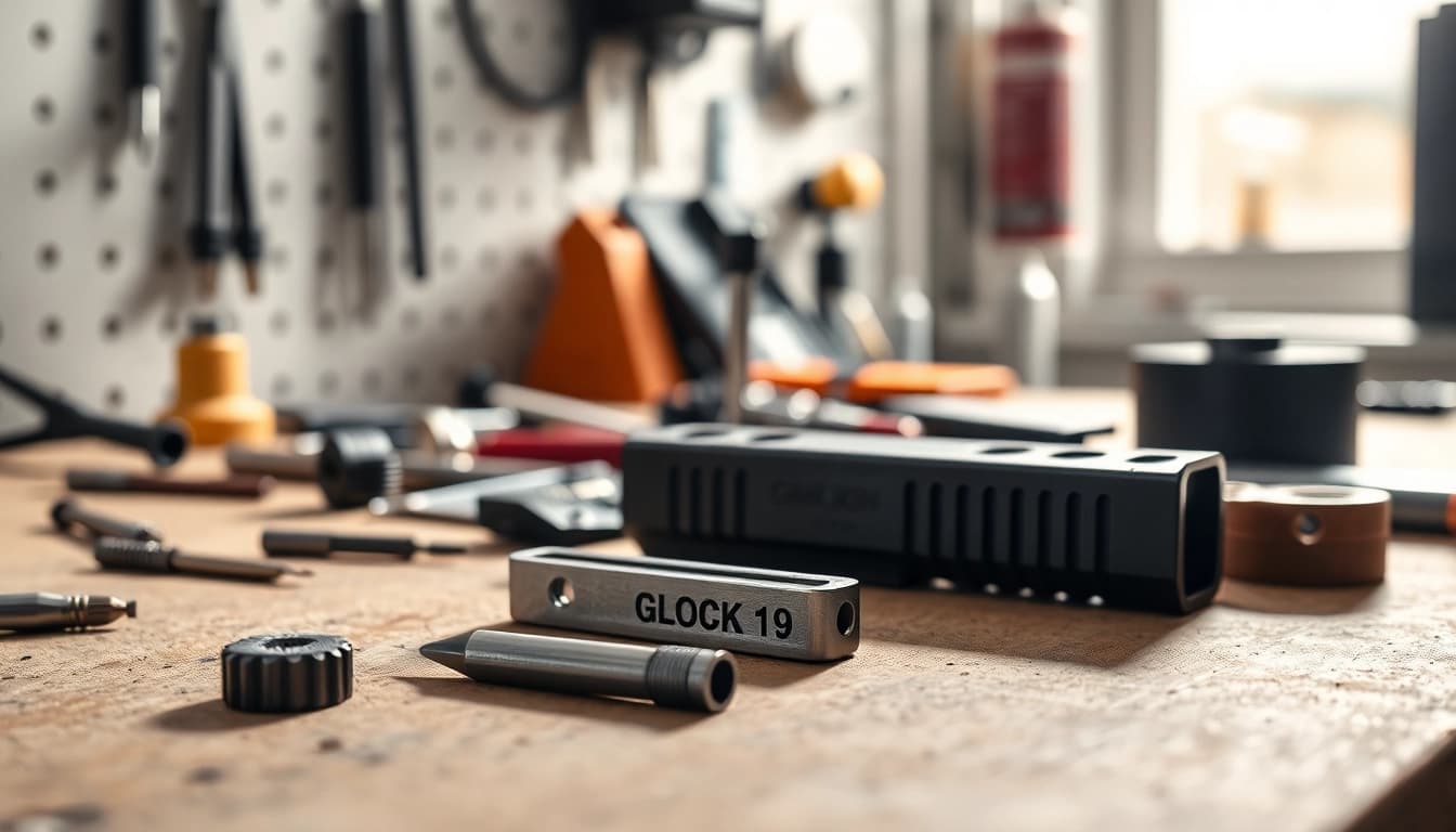 Showcase glock 19 slides on a workbench highlighting their precision engineering and finish.