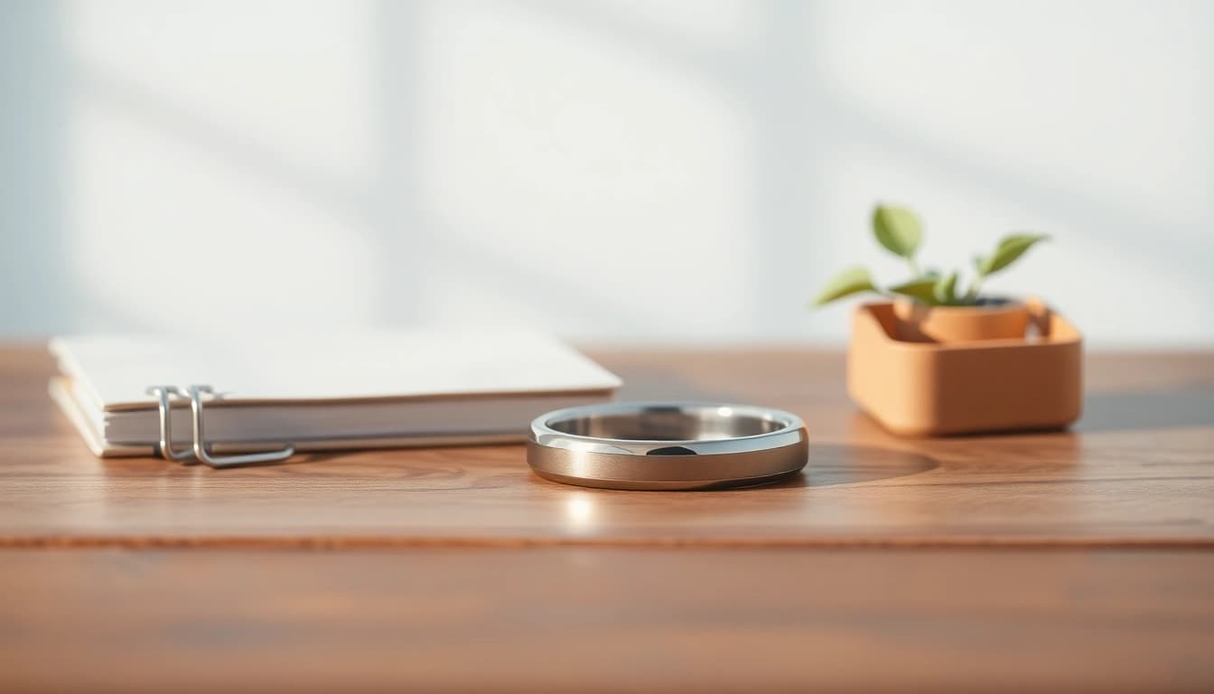 Showcasing the elegant Health Ring with a sleek metallic design on a wooden surface.