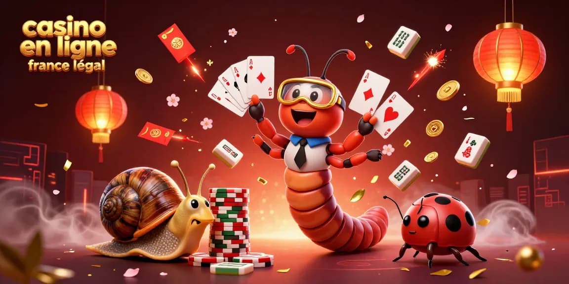Visuel amusant d'un casino en ligne légal en France, avec un croupier cartoon, des jetons et des cartes éparpillés.