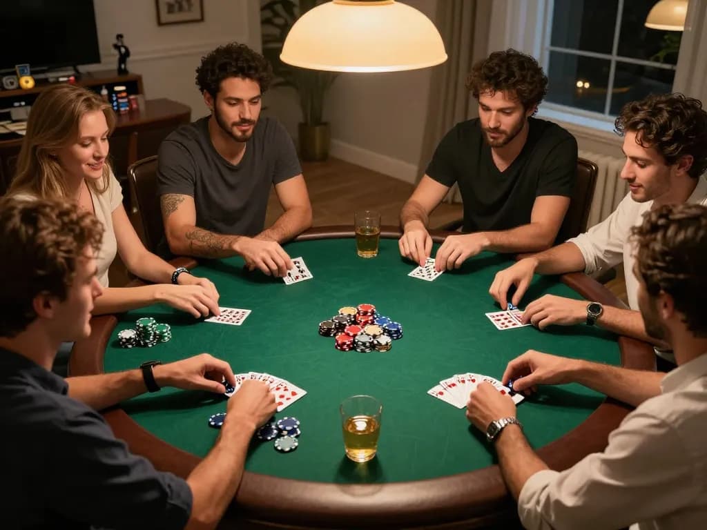 Engaged friends enjoying poker night together while playing cards and placing bets using TG88.