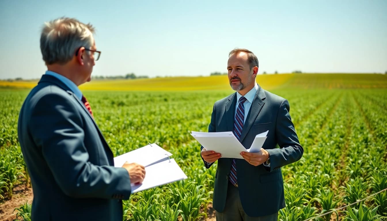 Engaged agriculture lawyer advising farmers in a sunlit field, showcasing legal guidance.