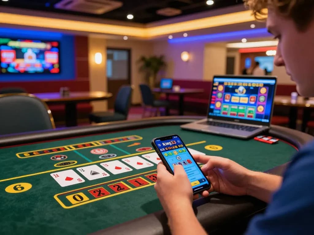Player enjoying online gambling experience on king33 app with vibrant live dealer game