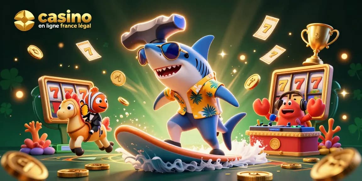 Jouez au casino en ligne France légal avec des symboles de machines à sous et un requin stylisé.