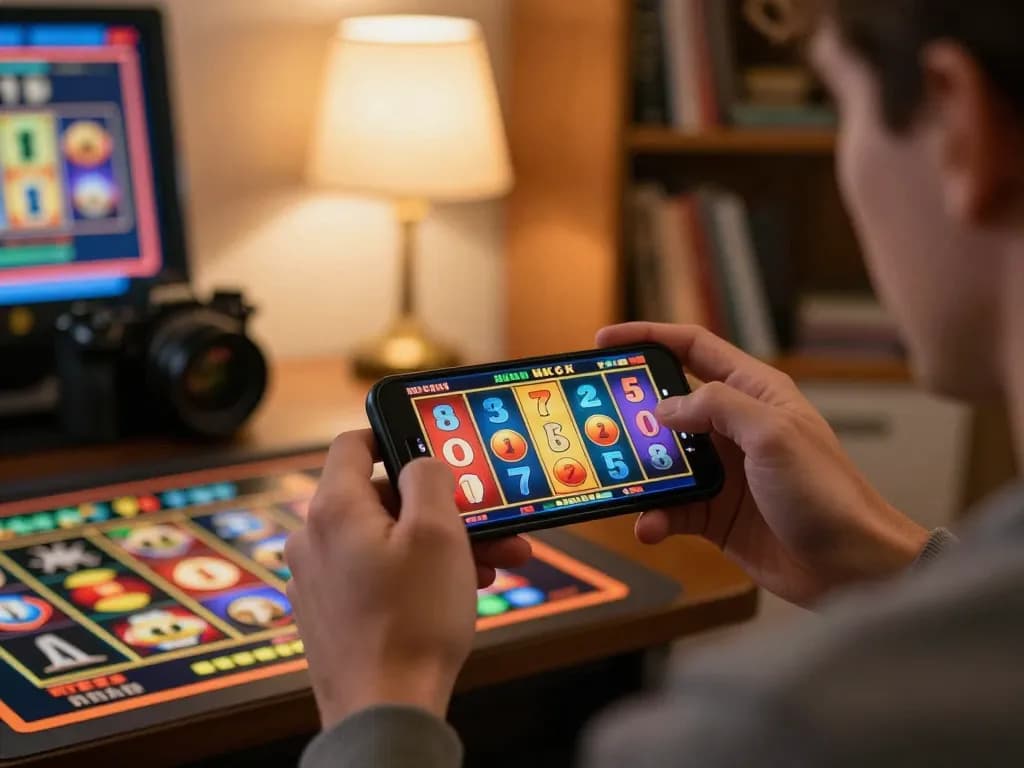 Player spinning online slots on mobile app for slot deposit 2rb in a cozy home setting.