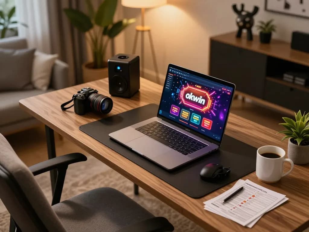 Person engaged in online gaming on okwin, showcasing a sleek laptop and strategic betting notes in a cozy home office.