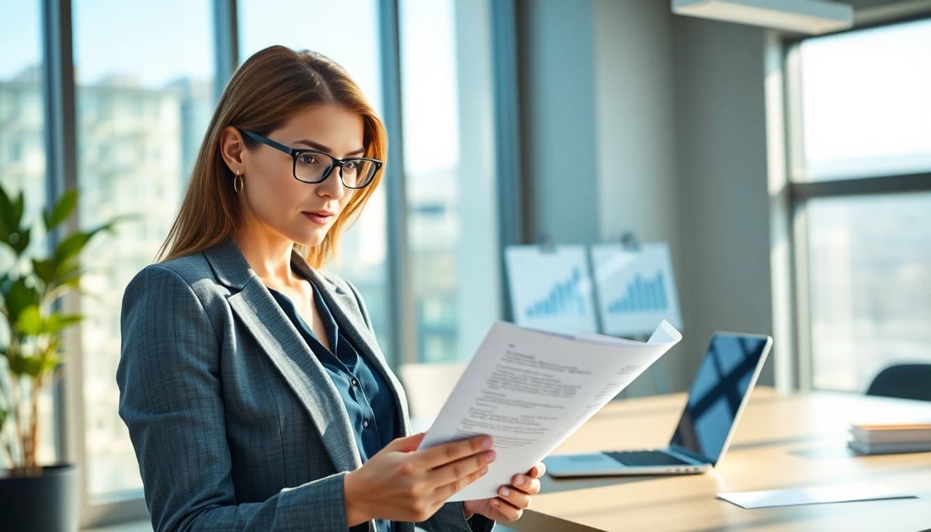 Businesswoman analyzing Federal and State contracts in a bright office setting.