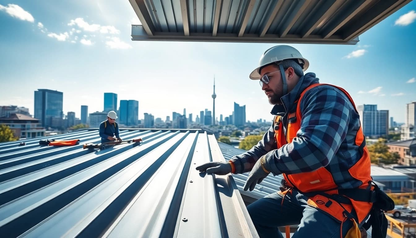 Showcasing metal roofing installation in Toronto, highlighting craftsmanship and modern design with skilled technicians.