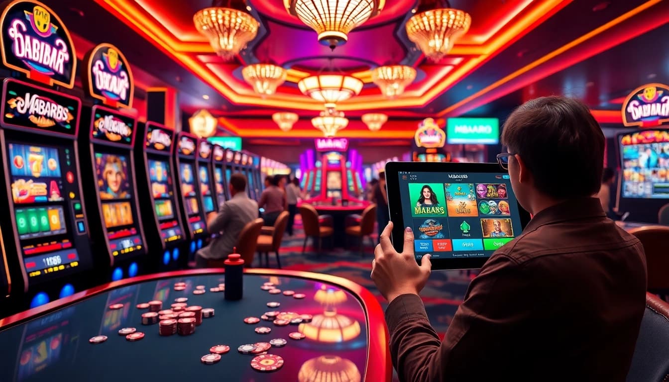 Pemain MABAR88 menikmati permainan mesin slot yang mendebarkan dalam suasana kasino yang hidup