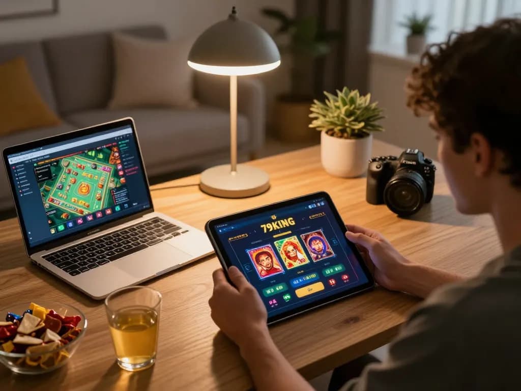 Engaging with 79KING online casino app on tablet in cozy home setting.