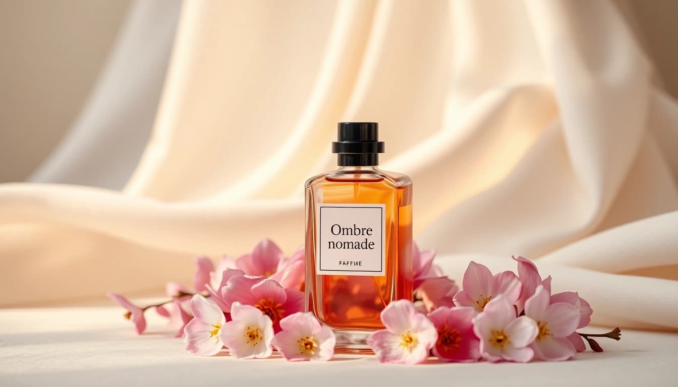 Ombre nomade perfume bottle elegantly showcased with delicate blooms in soft lighting.