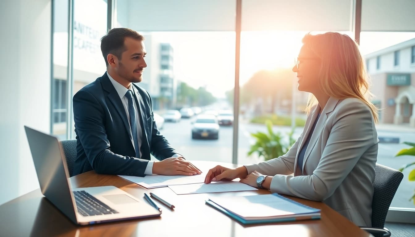 Clearwater Car Accident Lawyer consulting with a client in a professional office setting.