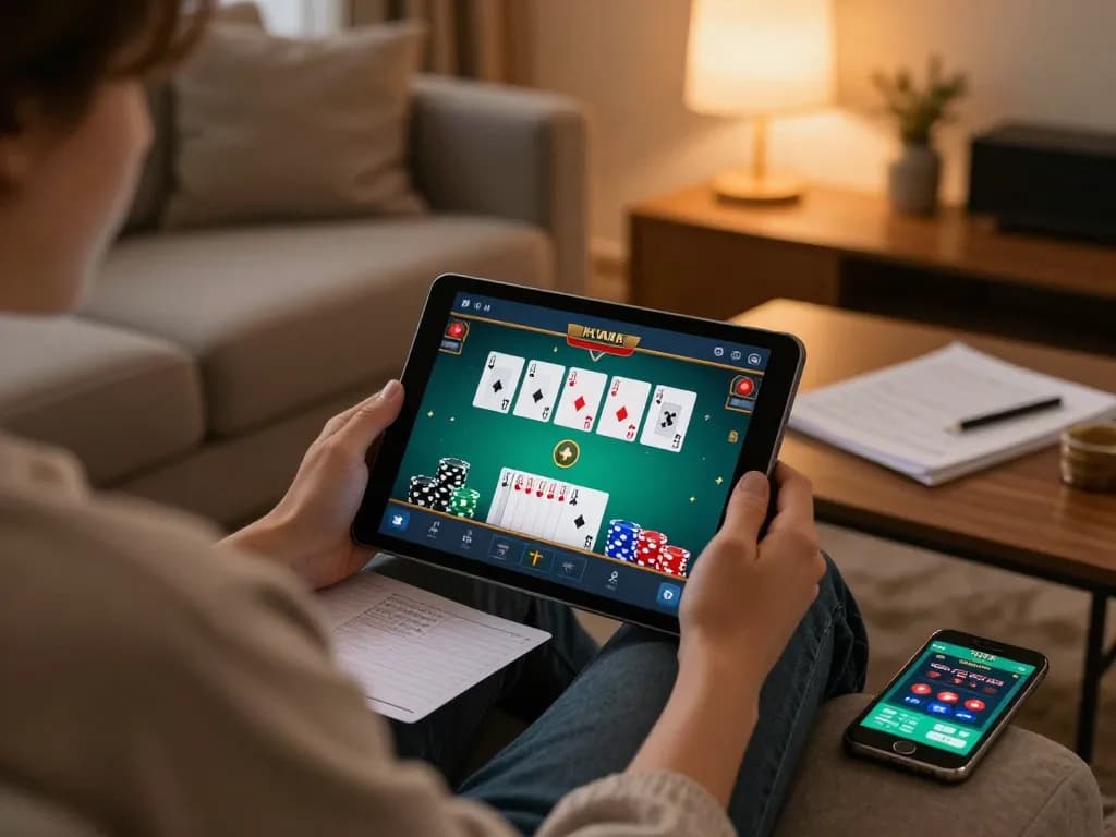 Engaging in online poker game on tablet while focusing on giường bệnh nhân strategy notes for better gameplay.