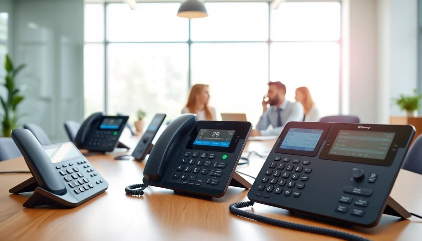Optimize your small business phone system with a modern office setup showcasing advanced communication devices.