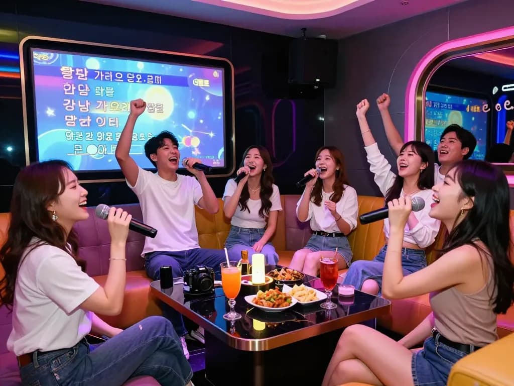 화려한 조명과 세련된 인테리어, 칵테일이 어우러진 https://www.gangnamtune.com/runrabbit에서 노래방을 즐기는 친구들.