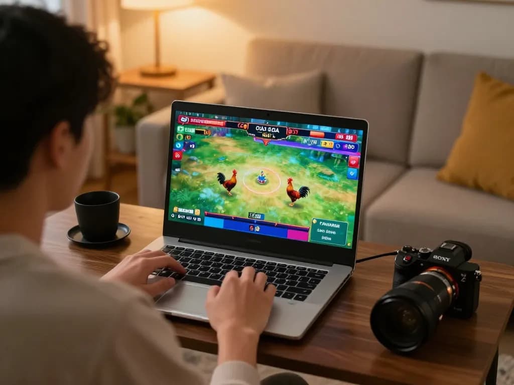 Engaging in online đá gà thomo match with live commentary and colorful graphics, cozy home atmosphere