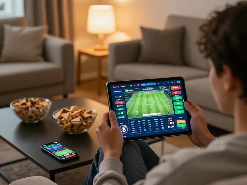 Engaging in online sports betting at home via https://cakhiatv.design/, showcasing vibrant interface and relaxed atmosphere.