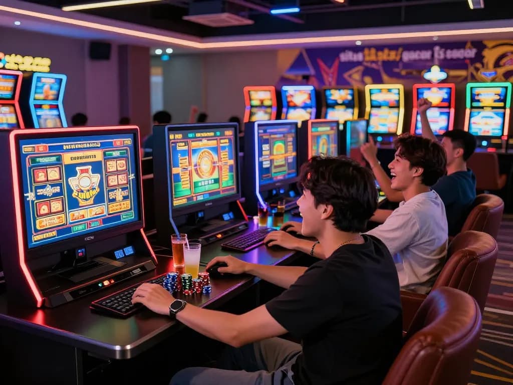 A lively gaming lounge with friends playing situs slot gacor, showcasing excitement and vibrant atmosphere.