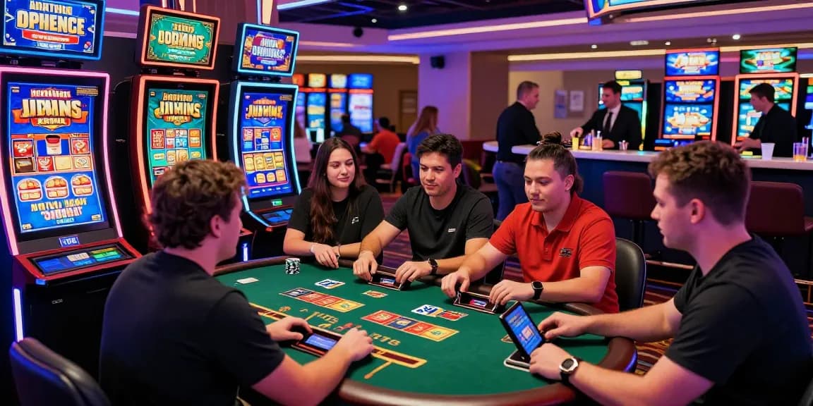 Players enjoying credit card casinos, using Visa and Mastercard in a lively, colorful gaming environment.