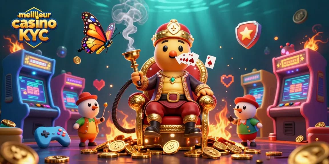 Jouez au meilleur casino sans KYC avec une scène vibrante de machines à sous et des symboles de poker.