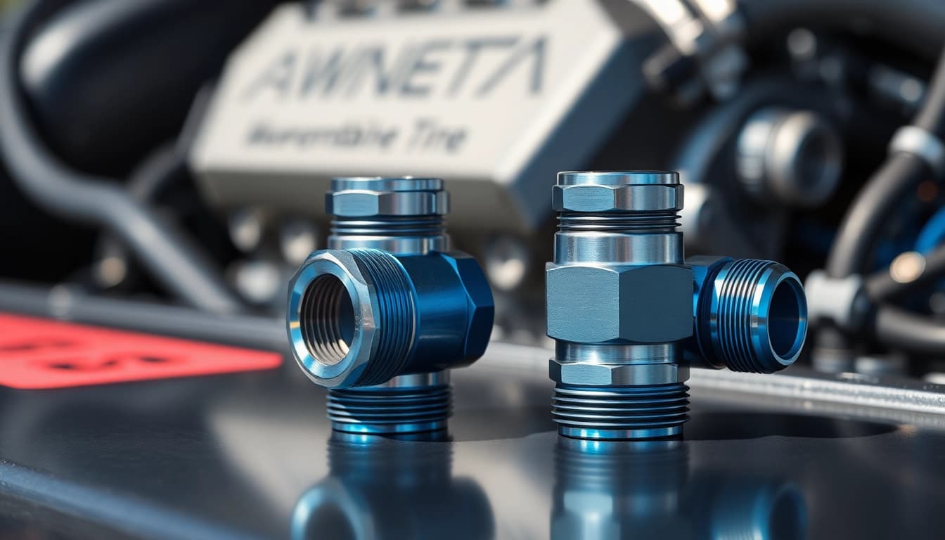 E85-compatible AN fittings displayed with intricate detail against a sleek automotive backdrop.