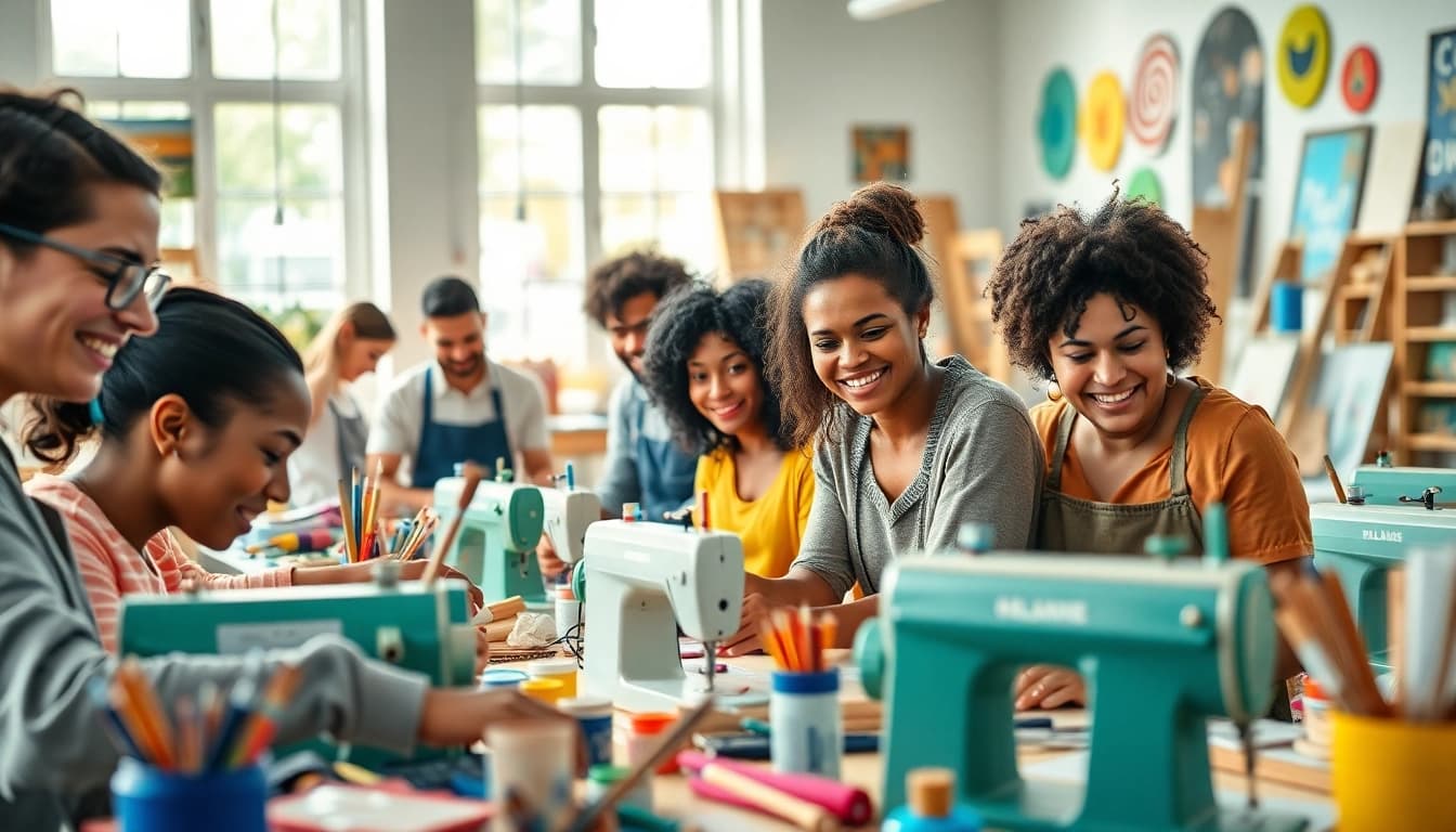 Engaging craft training programs in a bright workshop, showcasing diverse artisans creating art.