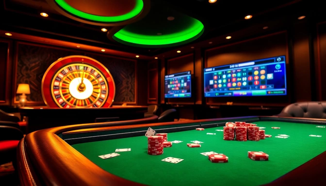Experience the excitement at rr88.com with engaging casino tables, poker chips, and vibrant roulette wheels.