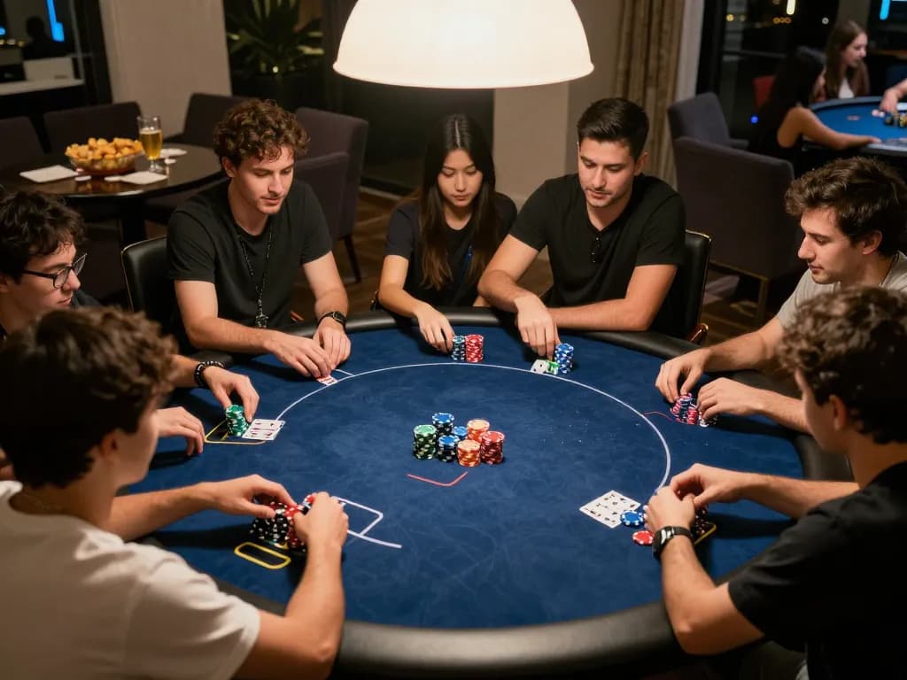 Players enjoying a friendly game night at iwin club with colorful chips on the table.