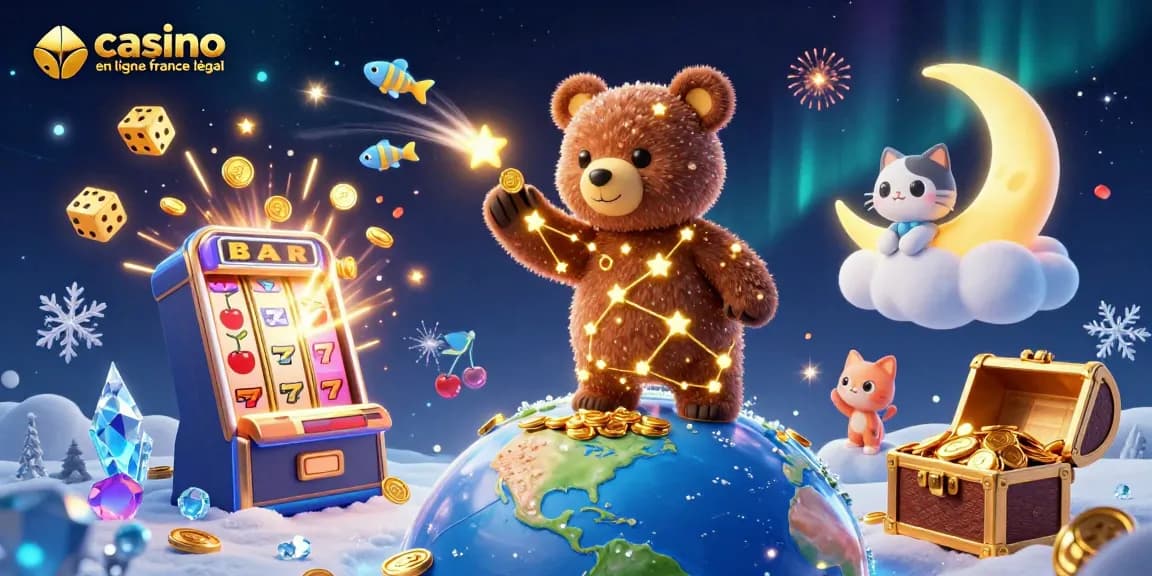 Casino en ligne France légal avec une illustration 3D captivante de jeux et de personnages animés.