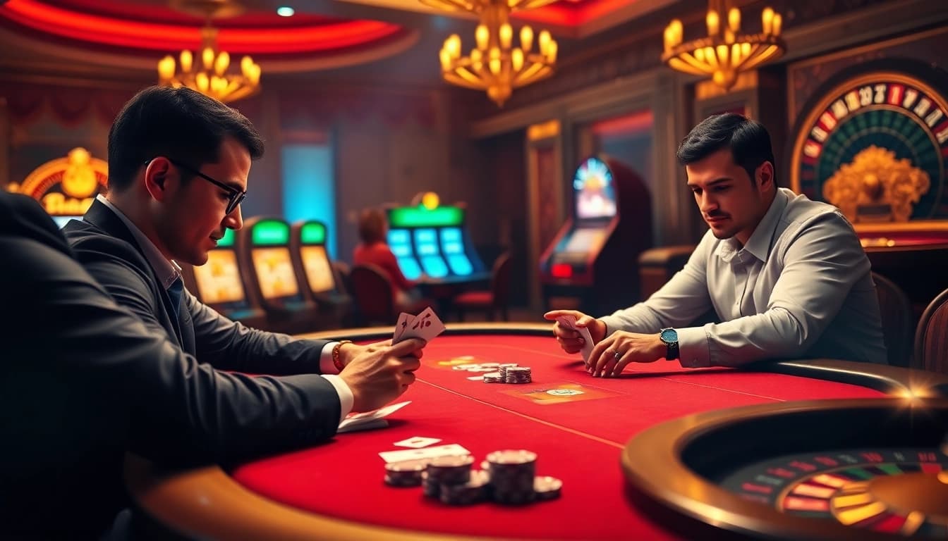 Experience the excitement of 888b online at a luxurious poker table with professional players, chips, and slot machines.
