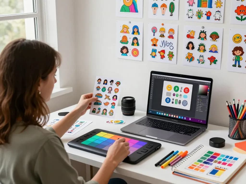 Designer creating custom stickers in a colorful and inspiring workspace with art supplies.