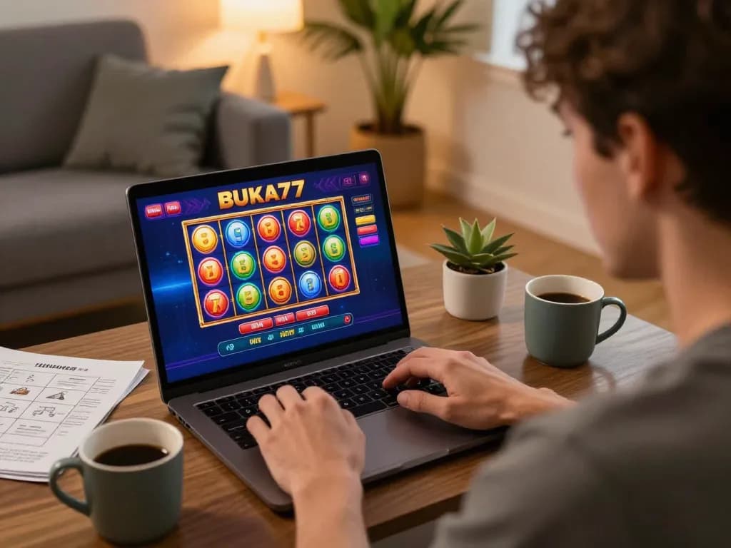 Player enjoying BUKA77 slots on their laptop at home, emphasizing online gaming excitement.